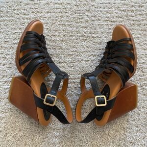 Kork-Ease‎ PEPPER Black Leather BLOCK Heel Sandals Multi T-Strap WOMEN 7